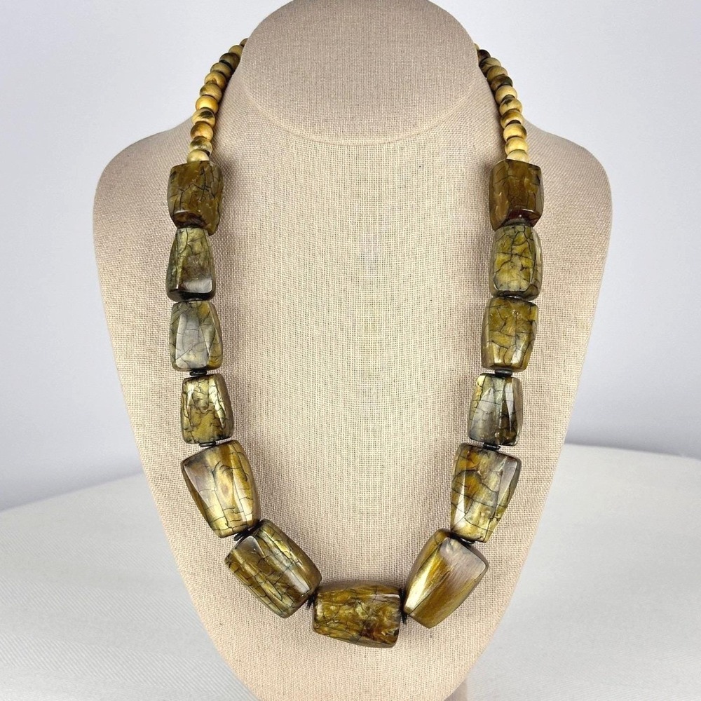 70s Boho Statement Necklace Olive Green Gold Chunky Textured Resin‎ & Wood Beads